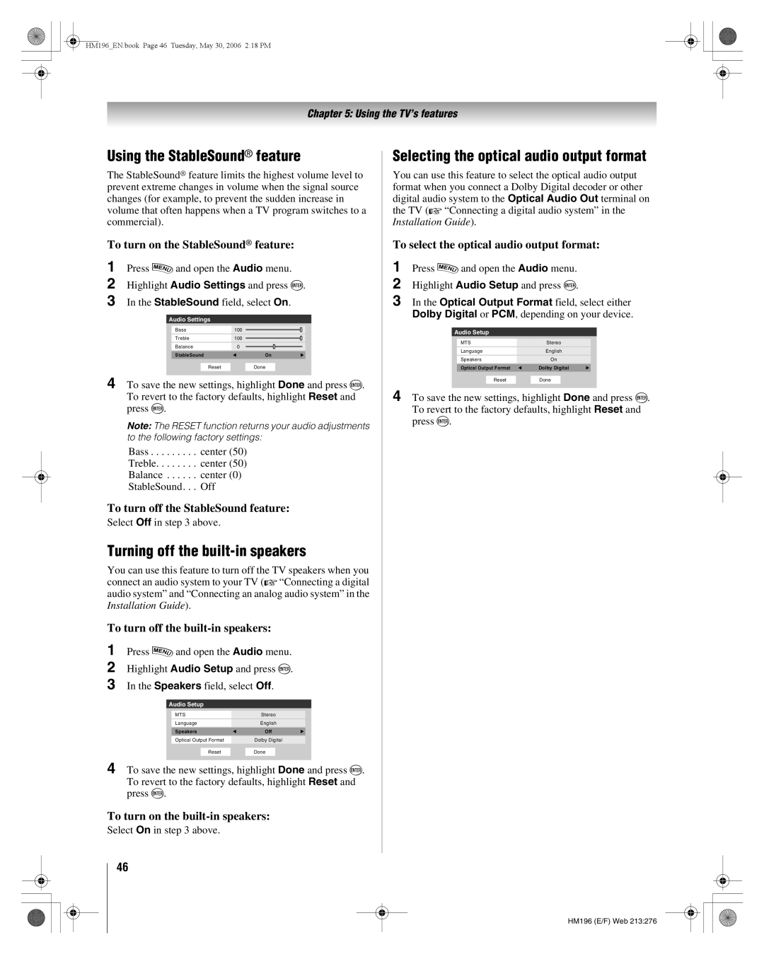 Toshiba 62HM196 manual Using the StableSound feature, Turning off the built-in speakers 