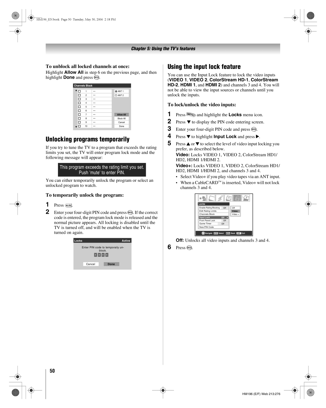 Toshiba 62HM196 manual Unlocking programs temporarily, Using the input lock feature, To unblock all locked channels at once 