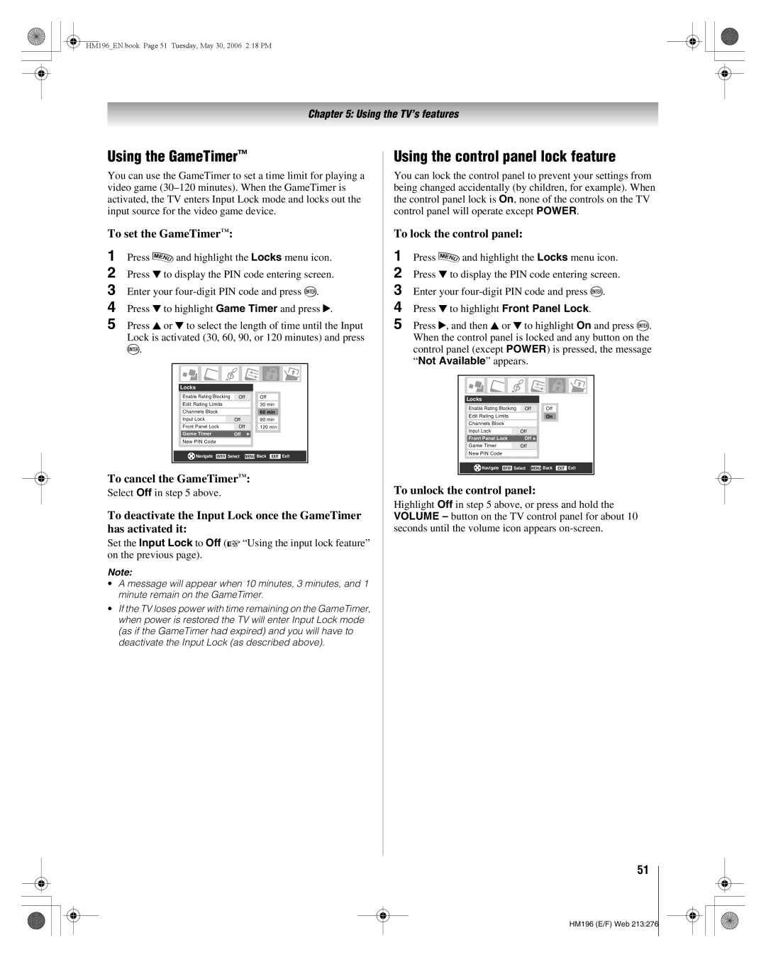 Toshiba 62HM196 manual Using the GameTimer, Using the control panel lock feature 