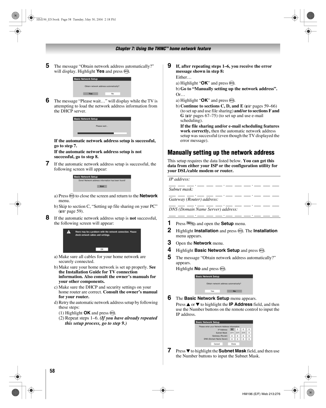 Toshiba 62HM196 manual Manually setting up the network address, Either… Highlight OK and press T 