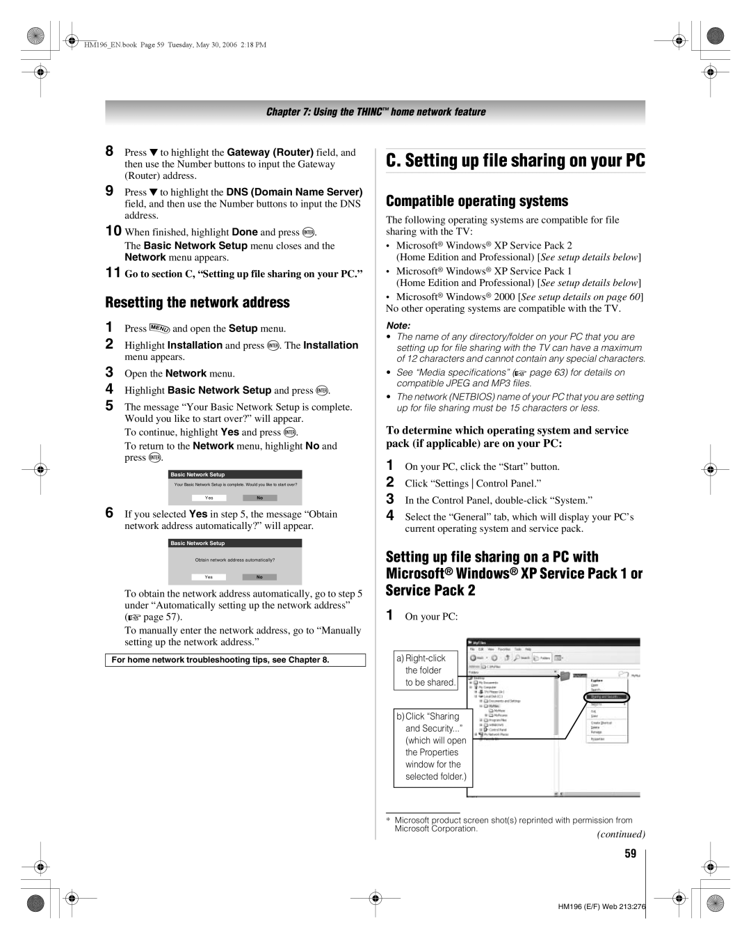 Toshiba 62HM196 manual Setting up file sharing on your PC, Resetting the network address, Compatible operating systems 