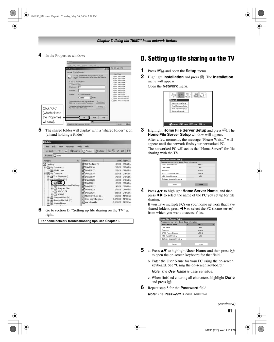 Toshiba 62HM196 manual Setting up file sharing on the TV, Properties window 