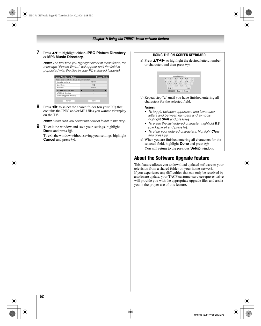 Toshiba 62HM196 manual About the Software Upgrade feature, Home File Server Setup Please Wait 