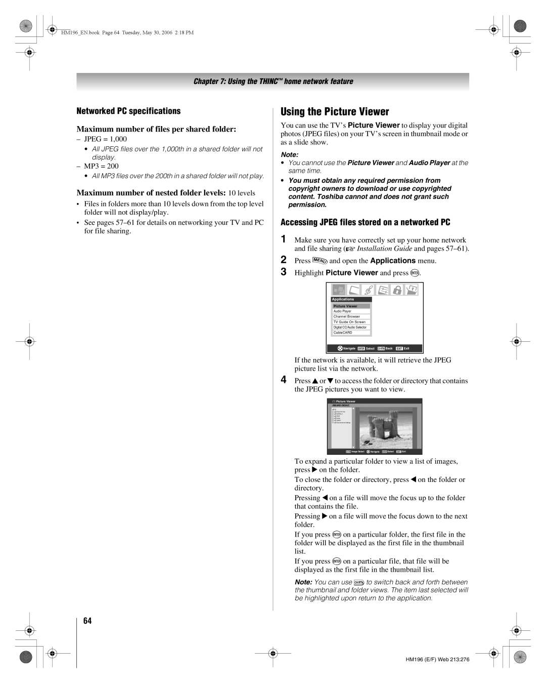 Toshiba 62HM196 manual Using the Picture Viewer, Networked PC specifications, Maximum number of files per shared folder 