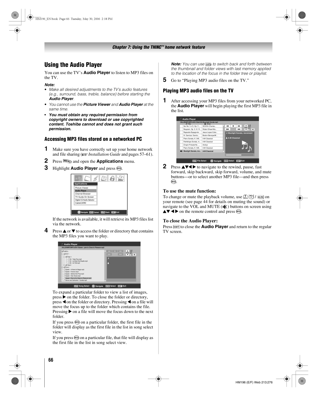 Toshiba 62HM196 Using the Audio Player, Accessing MP3 files stored on a networked PC, Playing MP3 audio files on the TV 