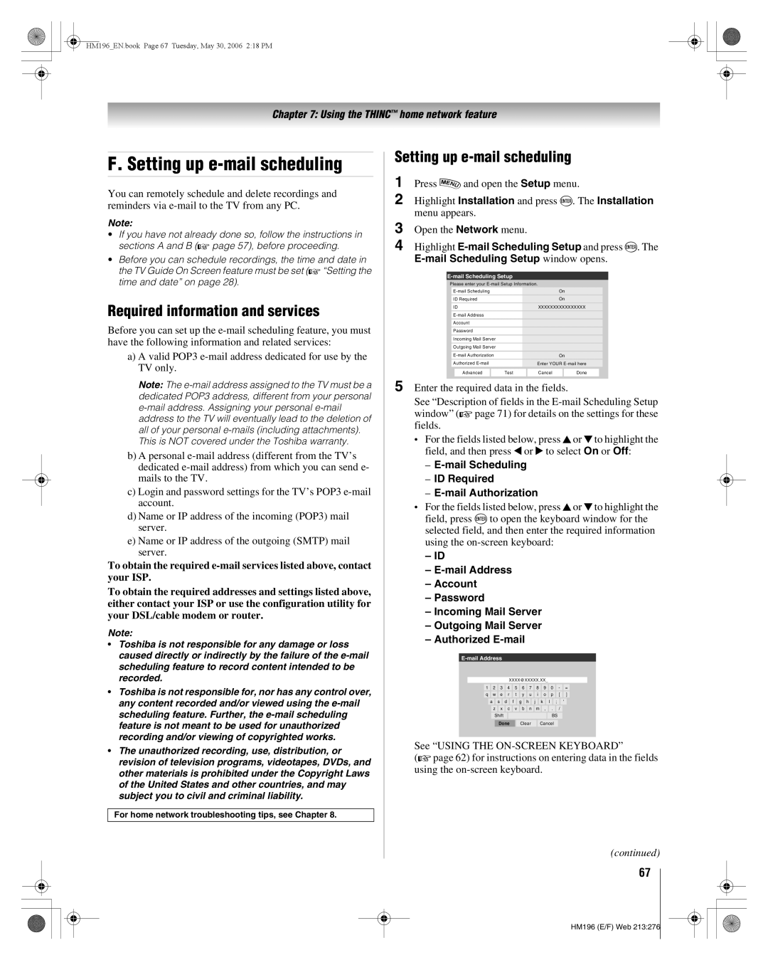 Toshiba 62HM196 manual Setting up e-mail scheduling, Required information and services, Mail Scheduling Setup window opens 