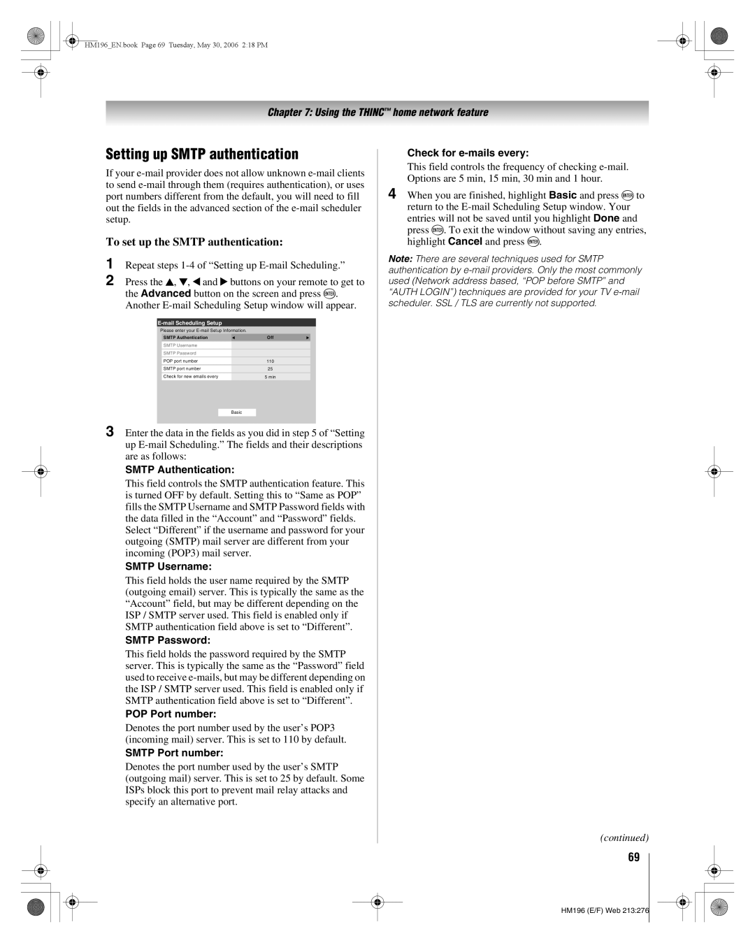 Toshiba 62HM196 manual Setting up Smtp authentication, To set up the Smtp authentication 