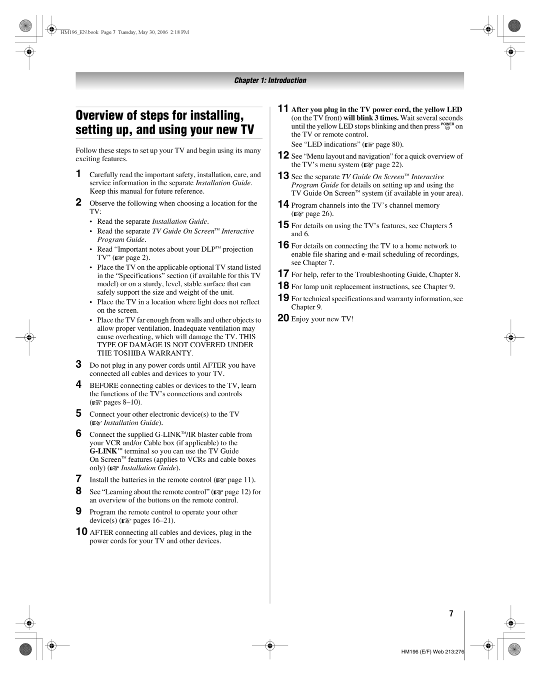 Toshiba 62HM196 manual Introduction 