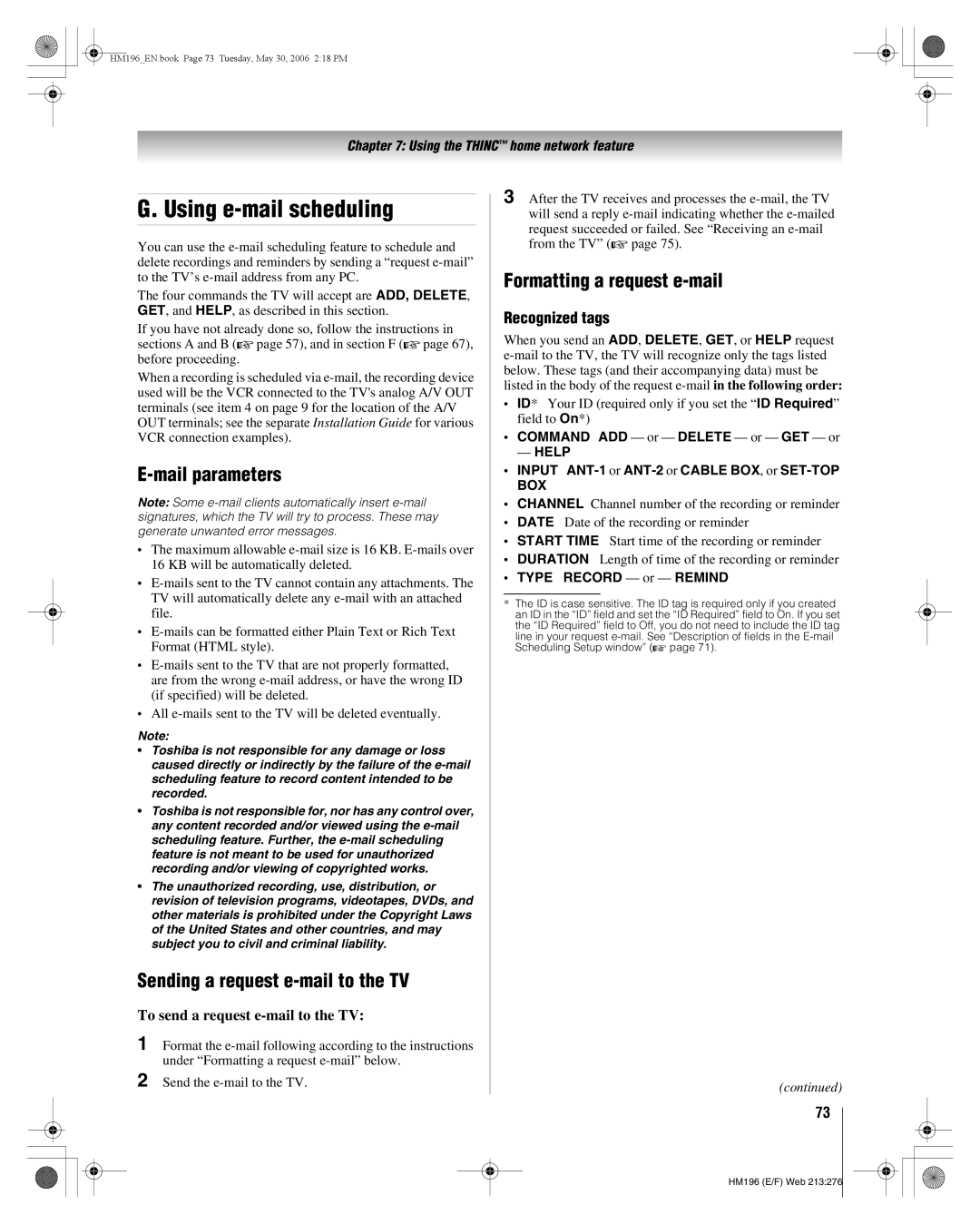 Toshiba 62HM196 Using e-mail scheduling, Mail parameters, Sending a request e-mail to the TV, Formatting a request e-mail 