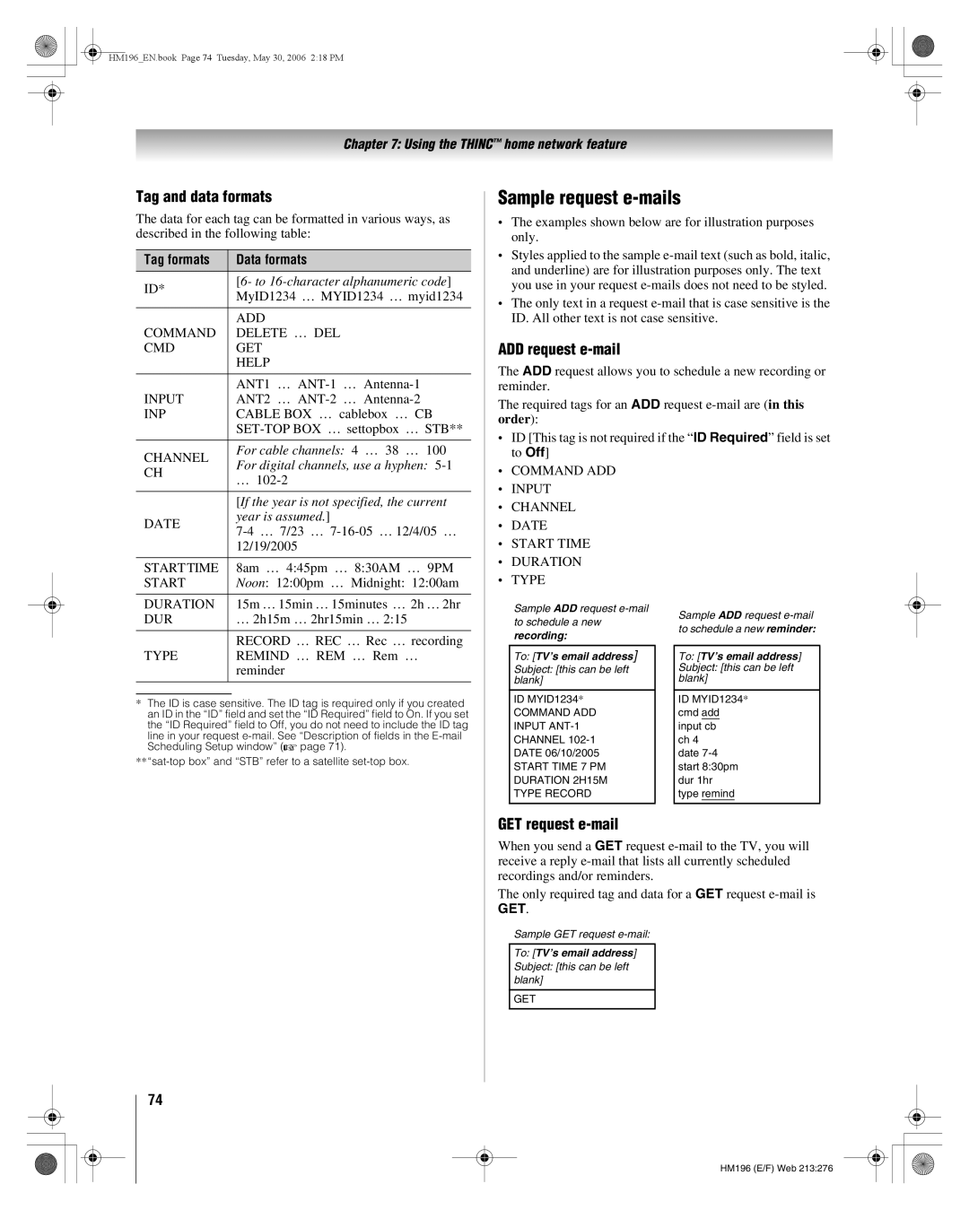 Toshiba 62HM196 manual Sample request e-mails, Tag and data formats, ADD request e-mail, GET request e-mail 