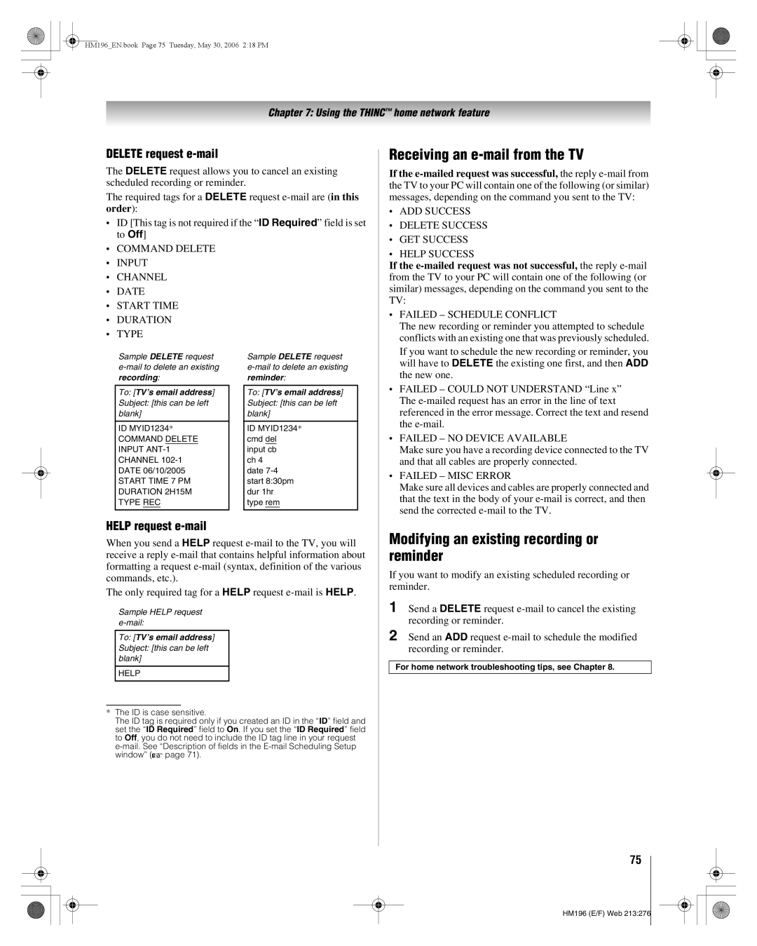 Toshiba 62HM196 manual Receiving an e-mail from the TV, Modifying an existing recording or reminder, Delete request e-mail 