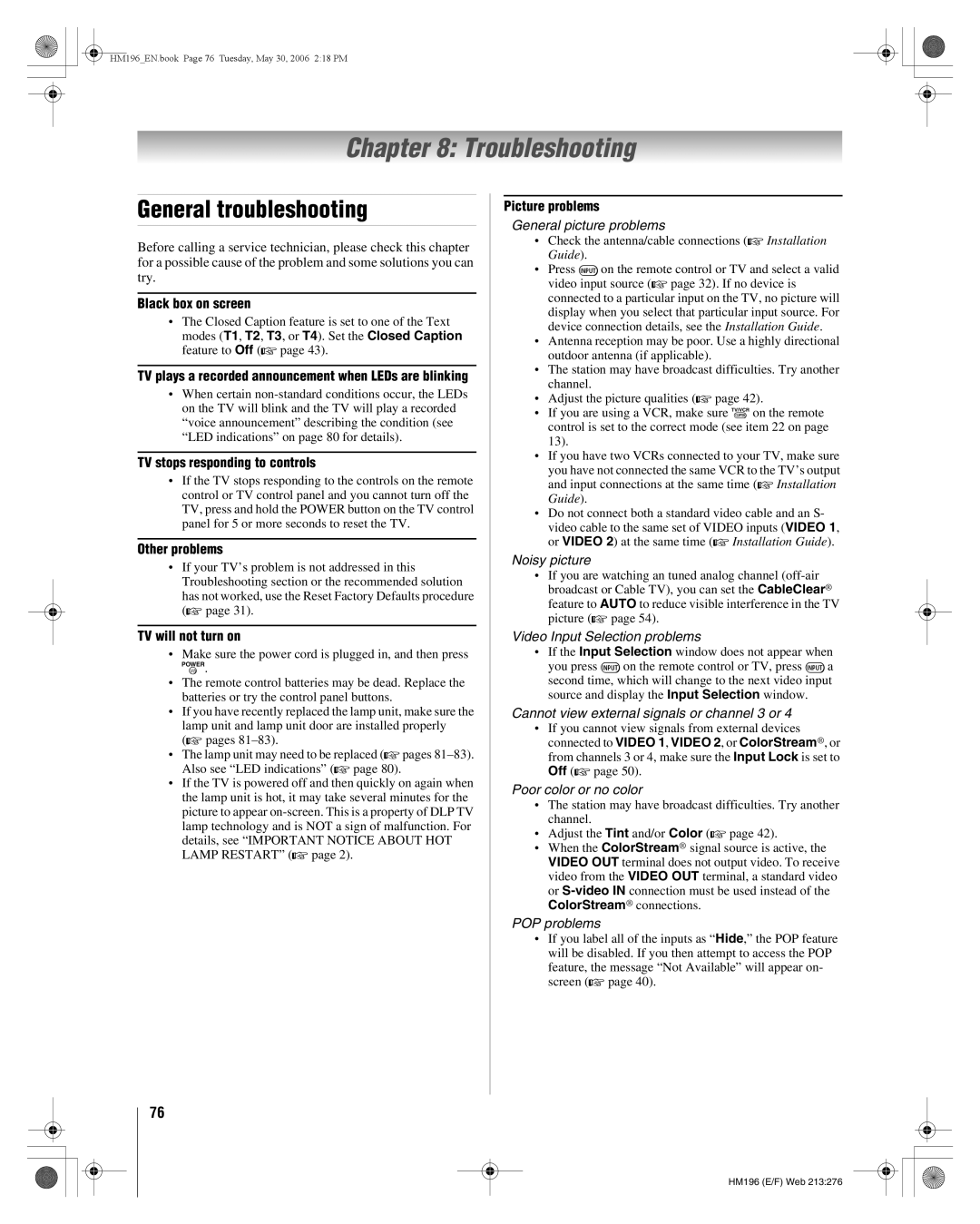 Toshiba 62HM196 manual Troubleshooting, General troubleshooting 