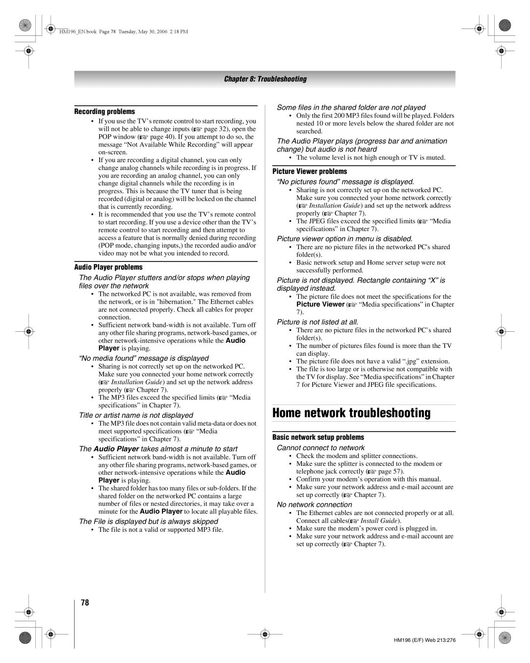 Toshiba 62HM196 manual Home network troubleshooting, Recording problems, Audio Player problems, Picture Viewer problems 