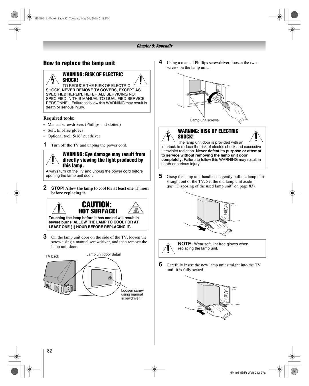 Toshiba 62HM196 manual How to replace the lamp unit, Required tools 