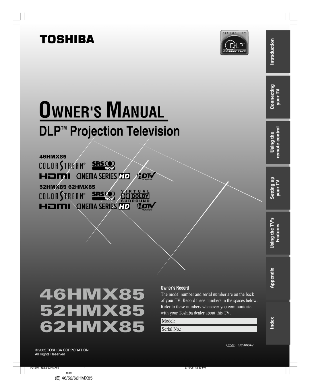 Toshiba 52HMX85, 62HMX85, 46HMX85 owner manual Dlptm Projection Television, Index 