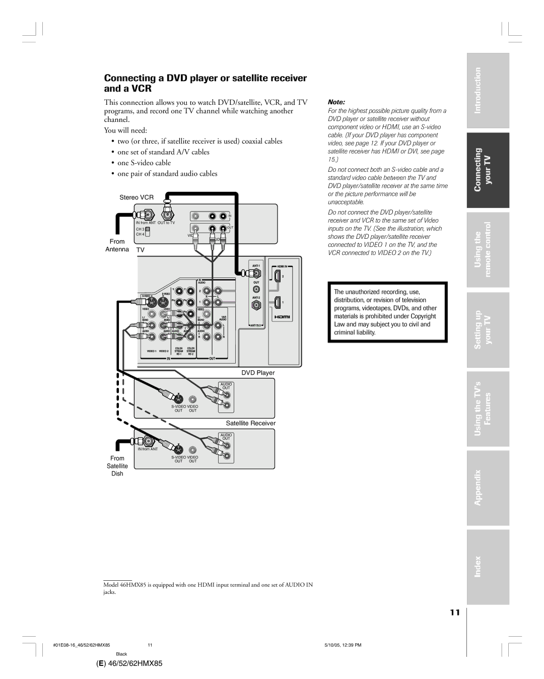 Toshiba 46HMX85, 62HMX85, 52HMX85 owner manual Connecting a DVD player or satellite receiver and a VCR, Satellite Dish 