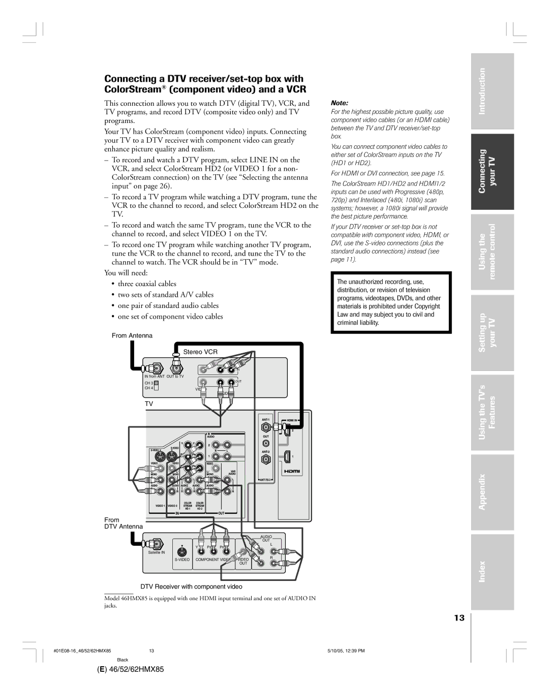 Toshiba 52HMX85, 62HMX85, 46HMX85 owner manual From DTV Antenna 