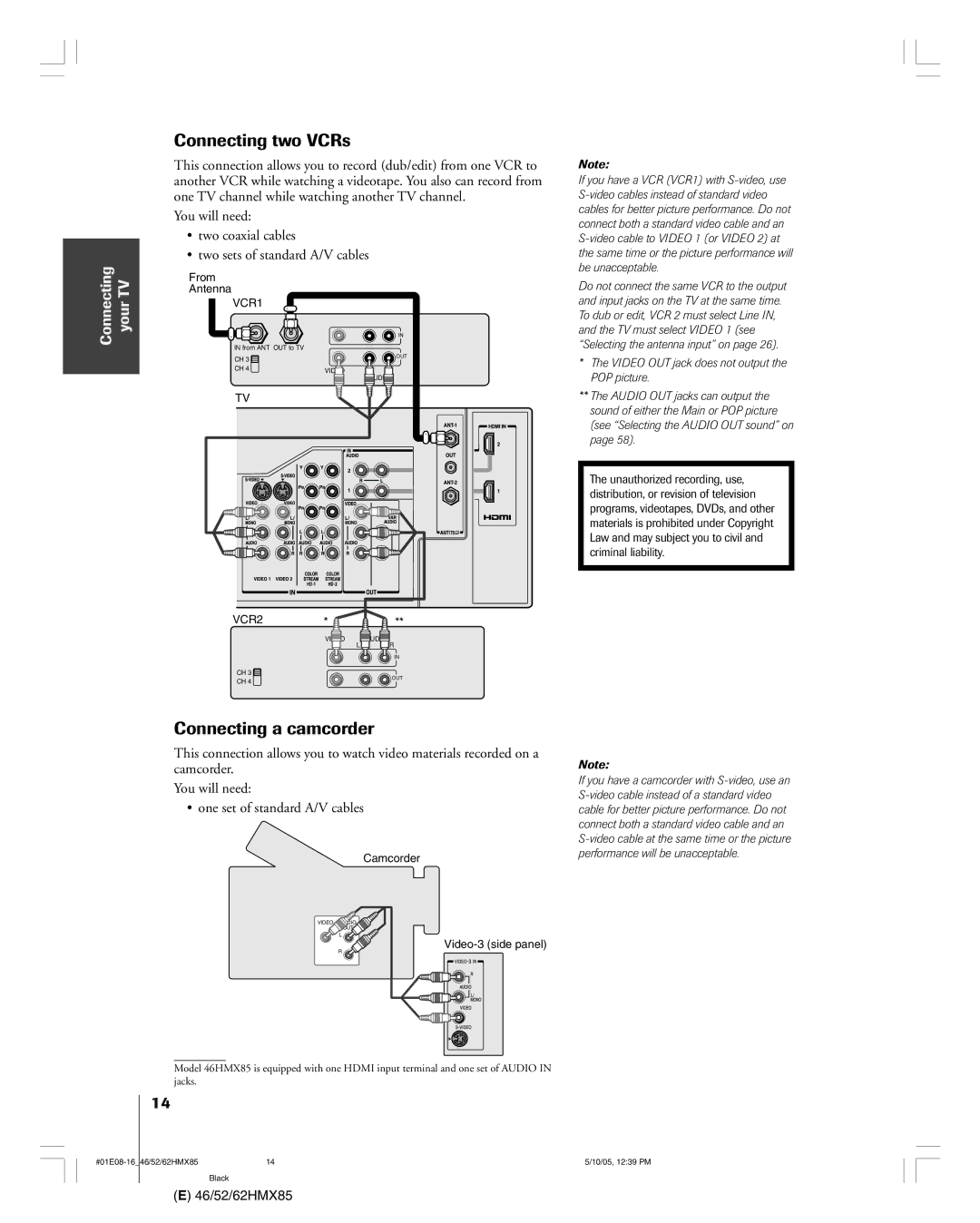 Toshiba 46HMX85, 62HMX85, 52HMX85 owner manual Connecting two VCRs, Connecting a camcorder 