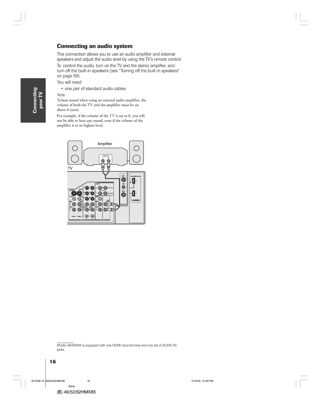 Toshiba 52HMX85, 62HMX85, 46HMX85 owner manual Connecting an audio system, Amplifier 