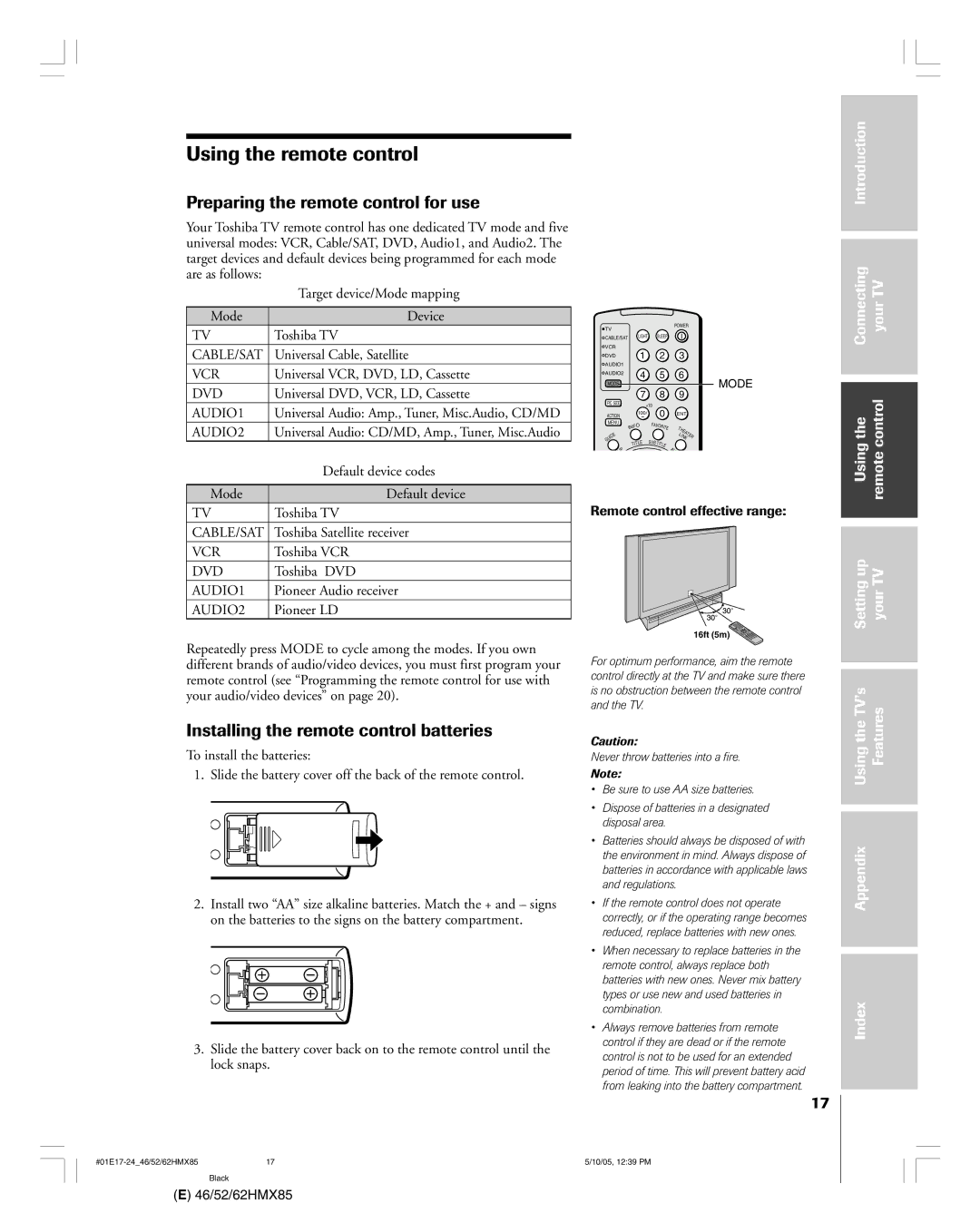 Toshiba 46HMX85 Using the remote control, Preparing the remote control for use, Installing the remote control batteries 