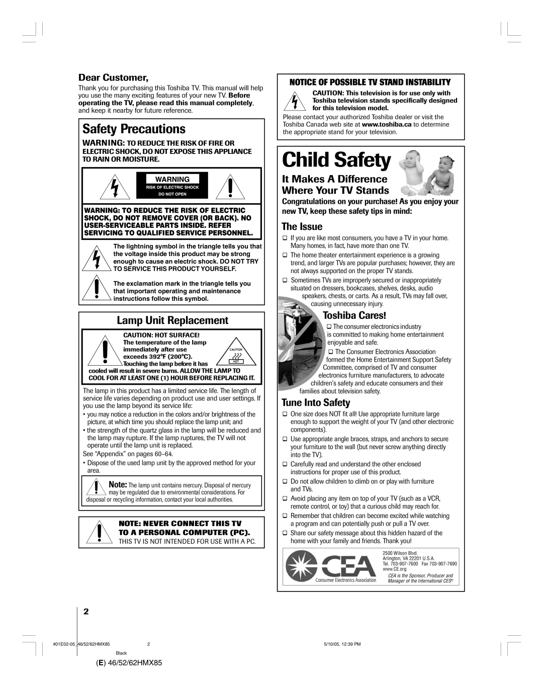 Toshiba 46HMX85, 62HMX85, 52HMX85 owner manual Lamp Unit Replacement, Dear Customer 