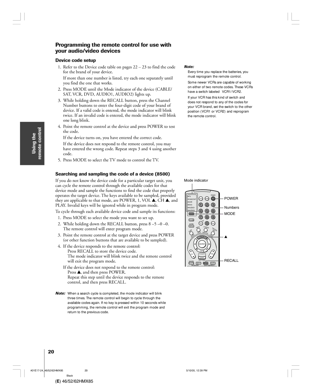 Toshiba 46HMX85, 62HMX85, 52HMX85 owner manual Device code setup, Searching and sampling the code of a device 