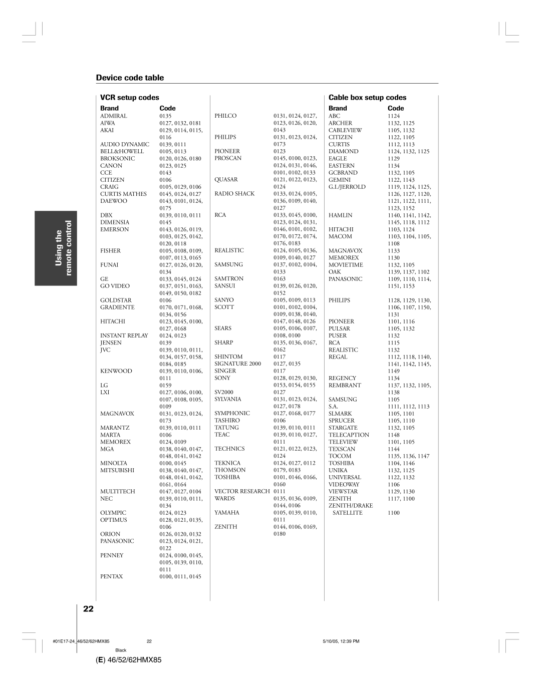 Toshiba 52HMX85, 62HMX85, 46HMX85 owner manual Device code table, VCR setup codes 