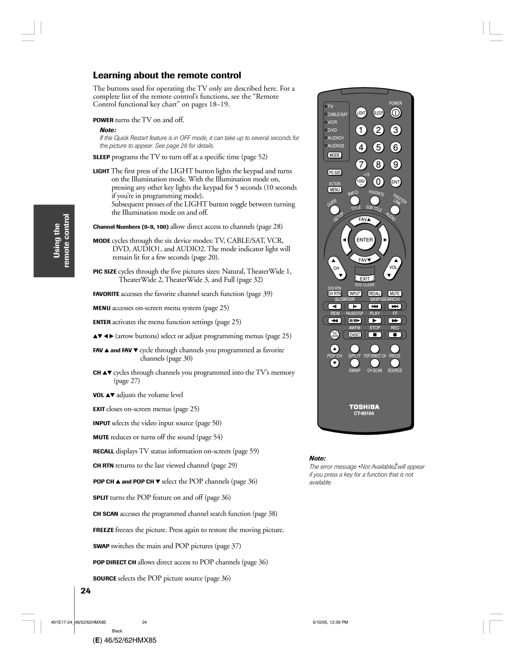 Toshiba 62HMX85, 52HMX85, 46HMX85 owner manual Learning about the remote control 