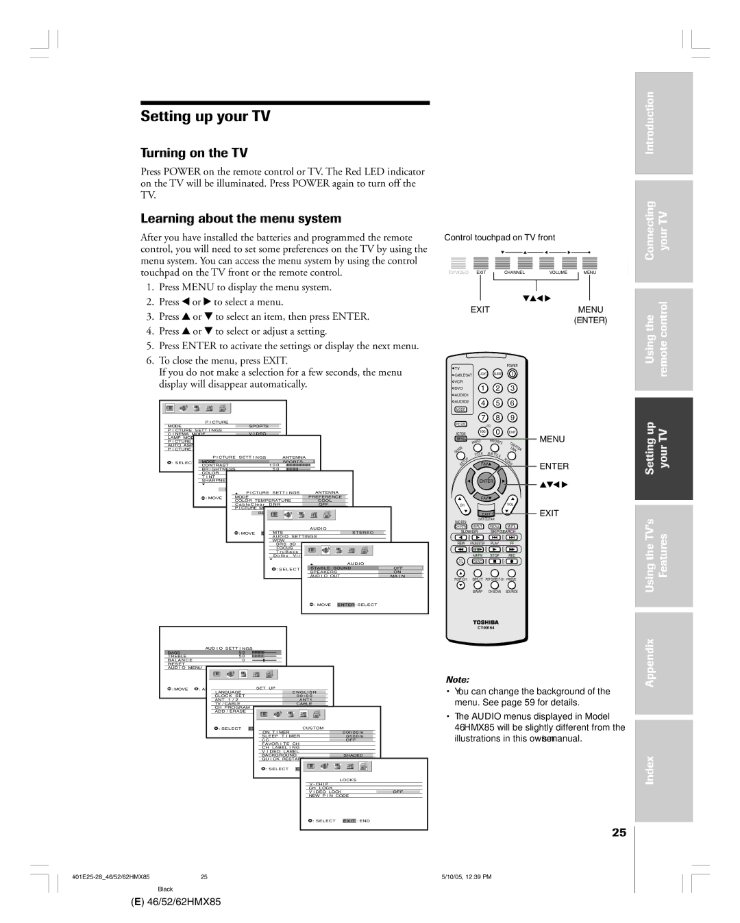 Toshiba 52HMX85 Setting up your TV, Turning on the TV, Learning about the menu system, Introduction Connecting your TV 