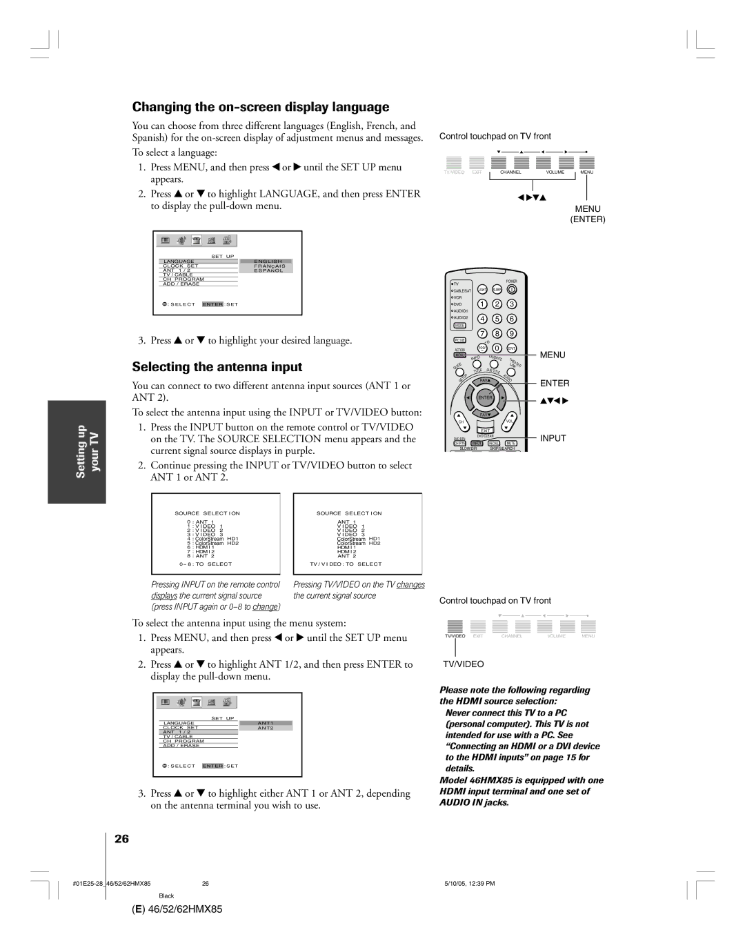 Toshiba 46HMX85, 62HMX85, 52HMX85 owner manual Changing the on-screen display language, Selecting the antenna input 