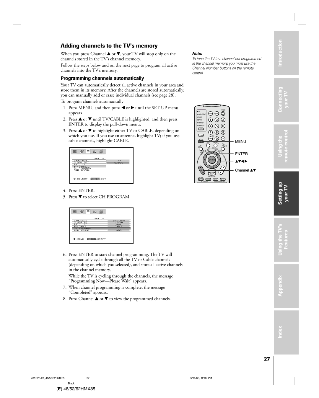 Toshiba 62HMX85 Adding channels to the TVÕs memory, Programming channels automatically, Introduction Connecting YourTV 