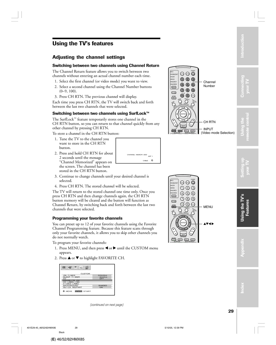 Toshiba 46HMX85 Using the TVÕs features, Adjusting the channel settings, Introduction Connecting YourTV Usingthe Control 