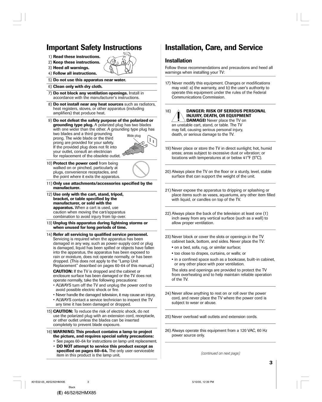 Toshiba 62HMX85, 52HMX85, 46HMX85 owner manual Important Safety Instructions, Installation 