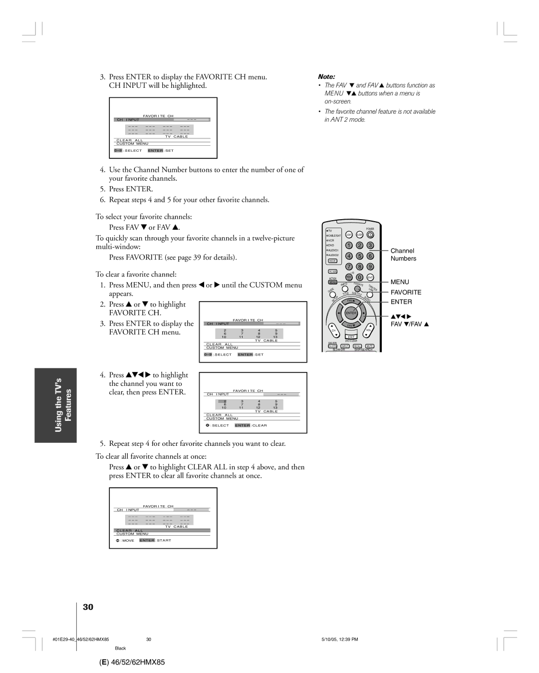 Toshiba 62HMX85, 52HMX85, 46HMX85 owner manual Press Enter to display, Favorite CH menu 