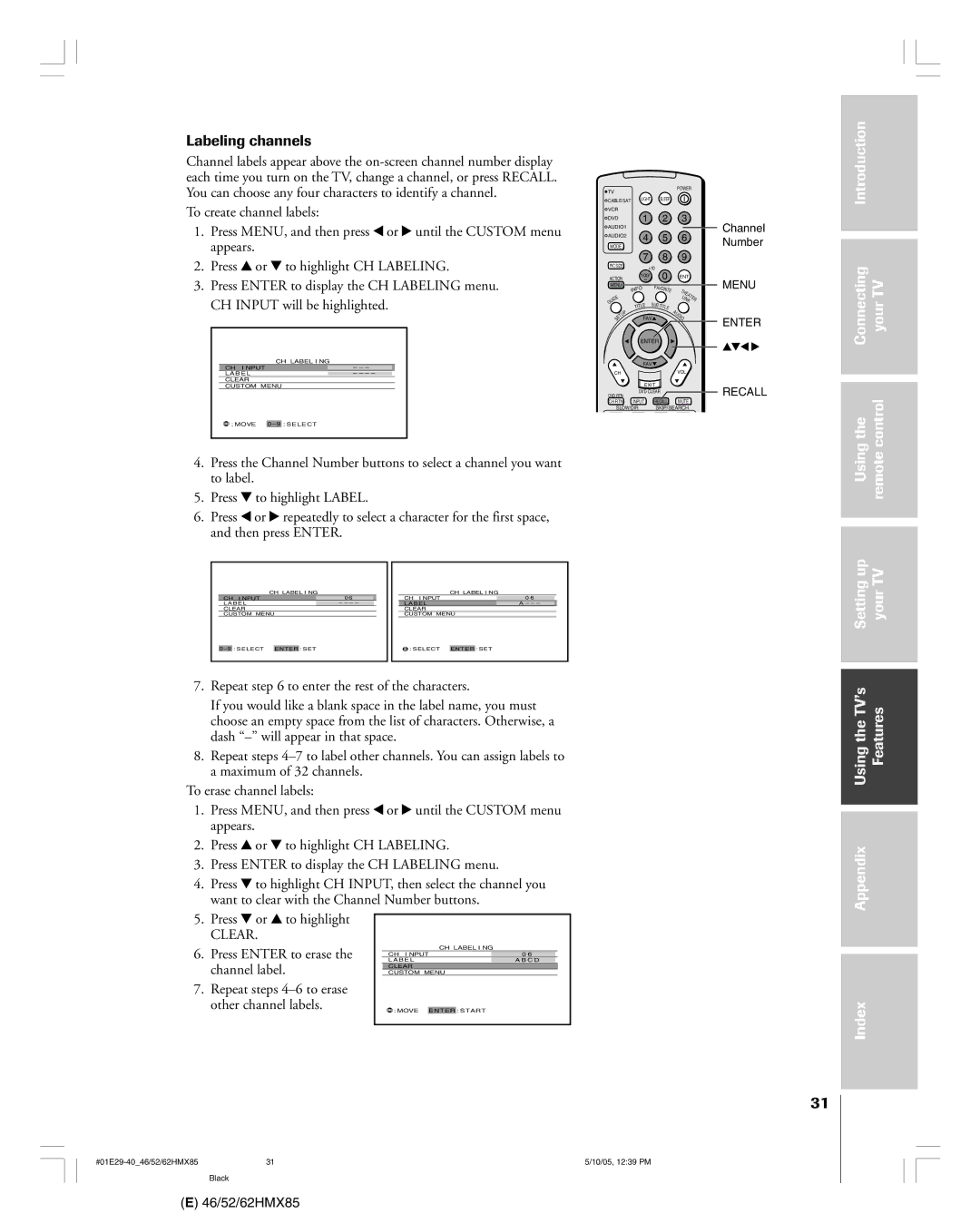 Toshiba 52HMX85, 62HMX85 Labeling channels, Press z or y to highlight, Clear, Press Enter to erase the channel label 