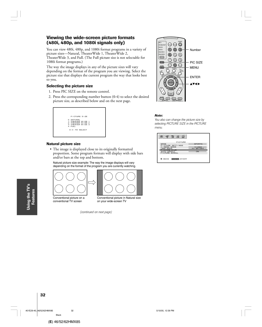 Toshiba 46HMX85, 62HMX85, 52HMX85 owner manual Selecting the picture size, Natural picture size 