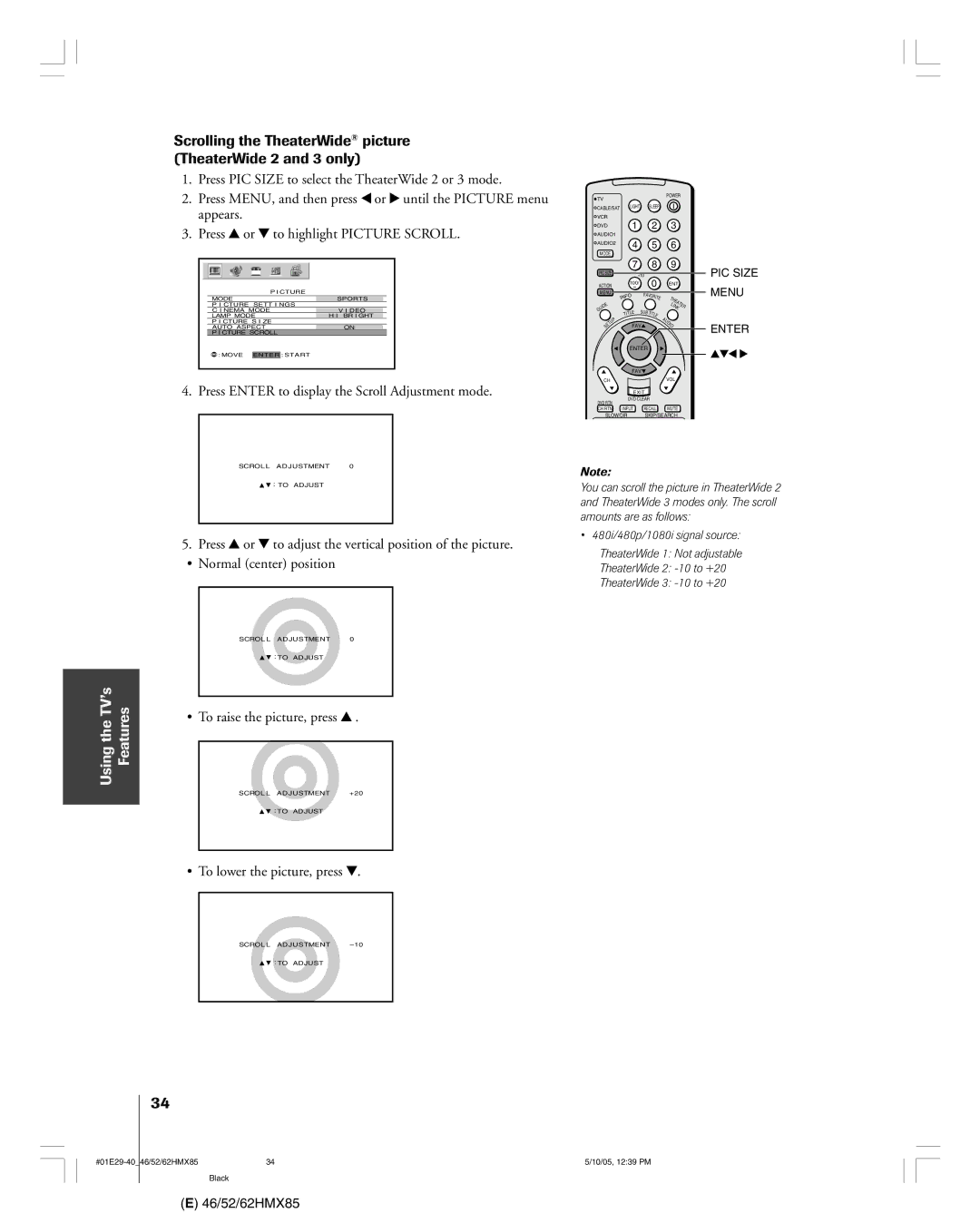 Toshiba 52HMX85, 62HMX85 Scrolling the TheaterWide¨ picture TheaterWide 2 and 3 only, ¥ To raise the picture, press y 