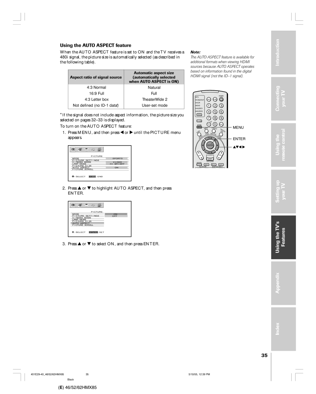 Toshiba 46HMX85, 62HMX85, 52HMX85 owner manual Using the Auto Aspect feature, Usingthe Remotecontrol Settingup YourTV 