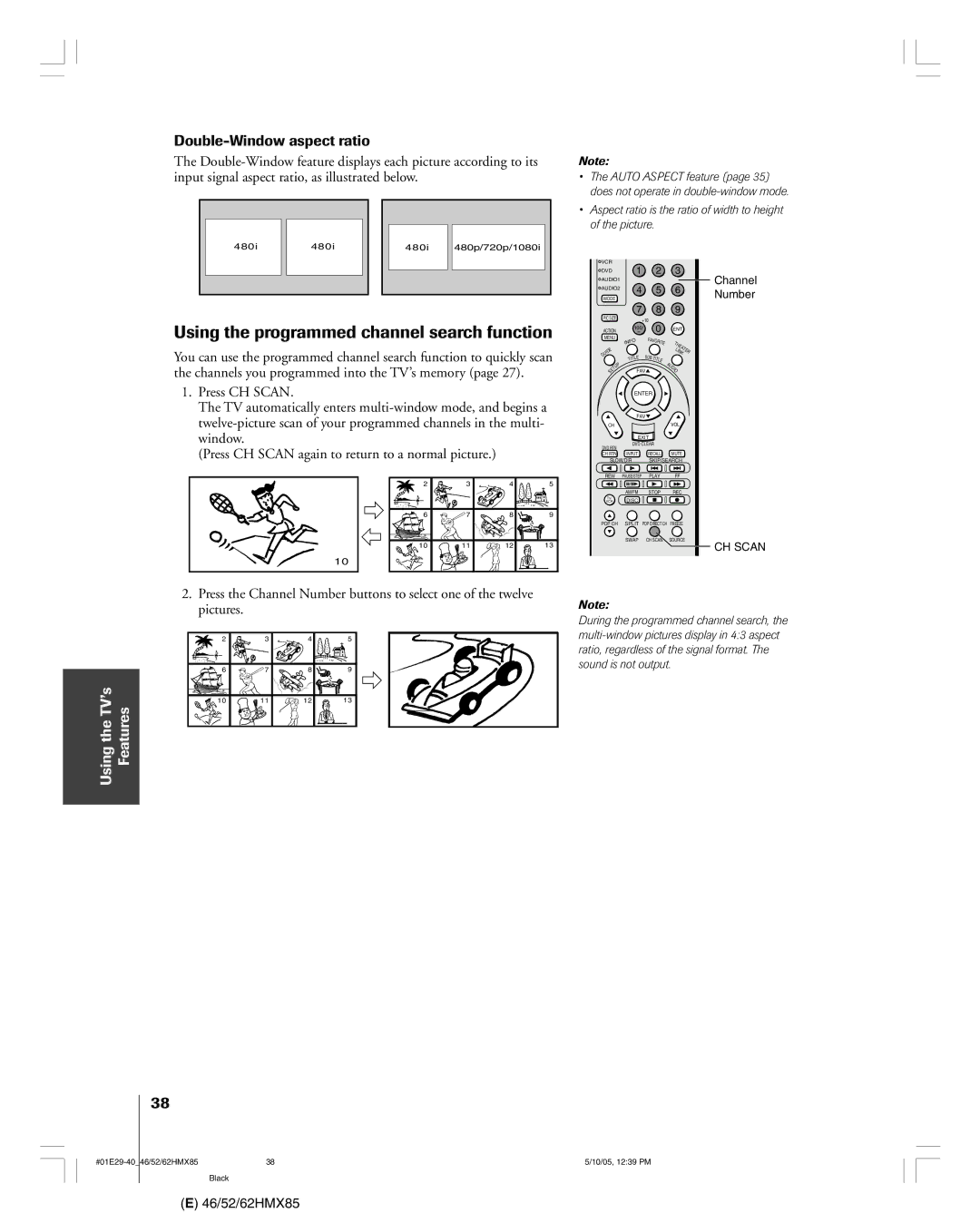 Toshiba 46HMX85, 62HMX85, 52HMX85 owner manual Using the programmed channel search function, Double-Window aspect ratio 