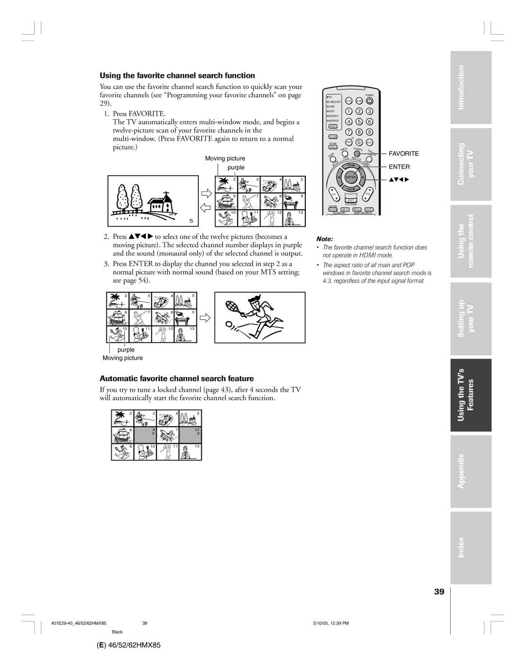 Toshiba 62HMX85, 52HMX85, 46HMX85 Using the favorite channel search function, Automatic favorite channel search feature 