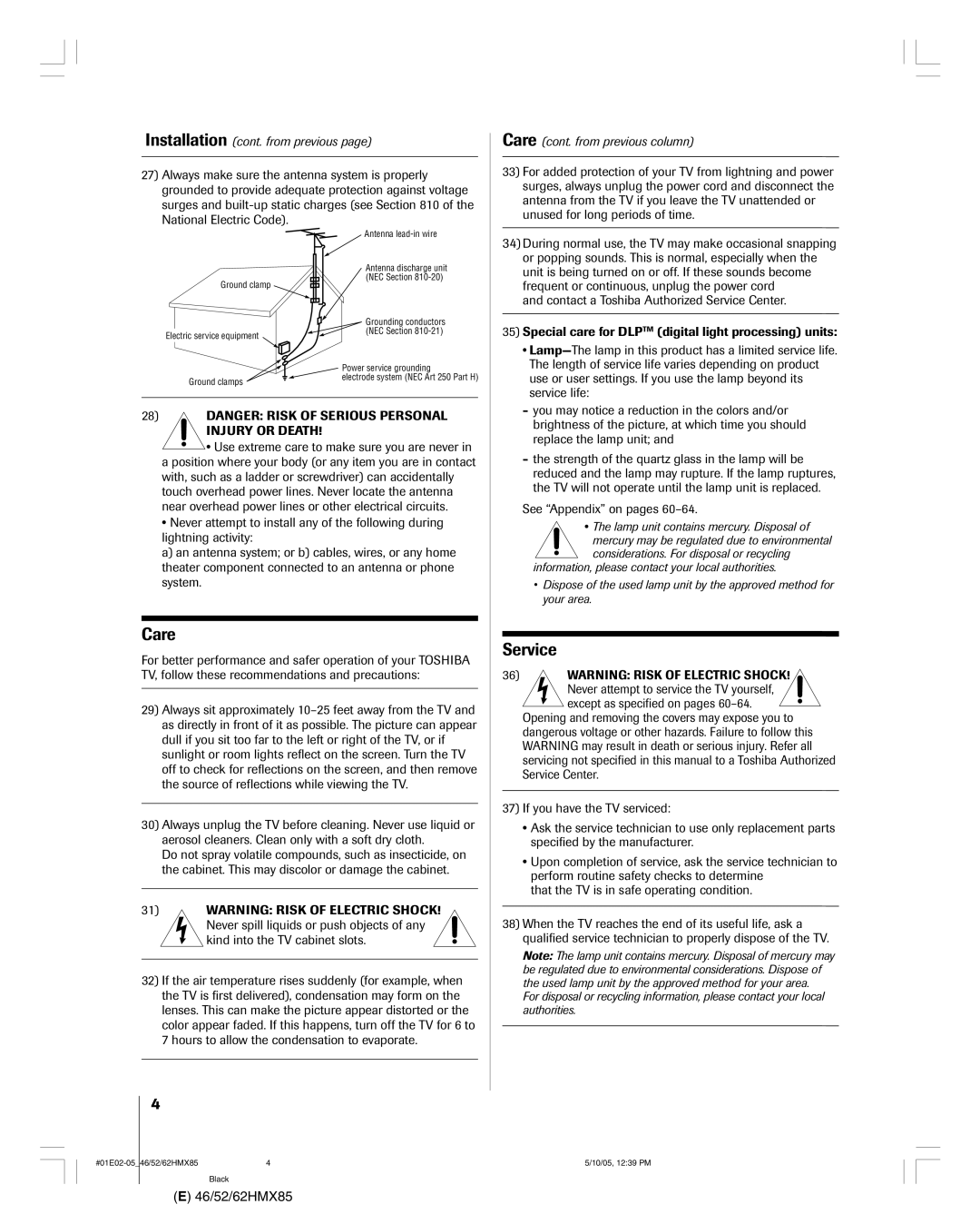 Toshiba 52HMX85, 62HMX85, 46HMX85 owner manual Care, Service 