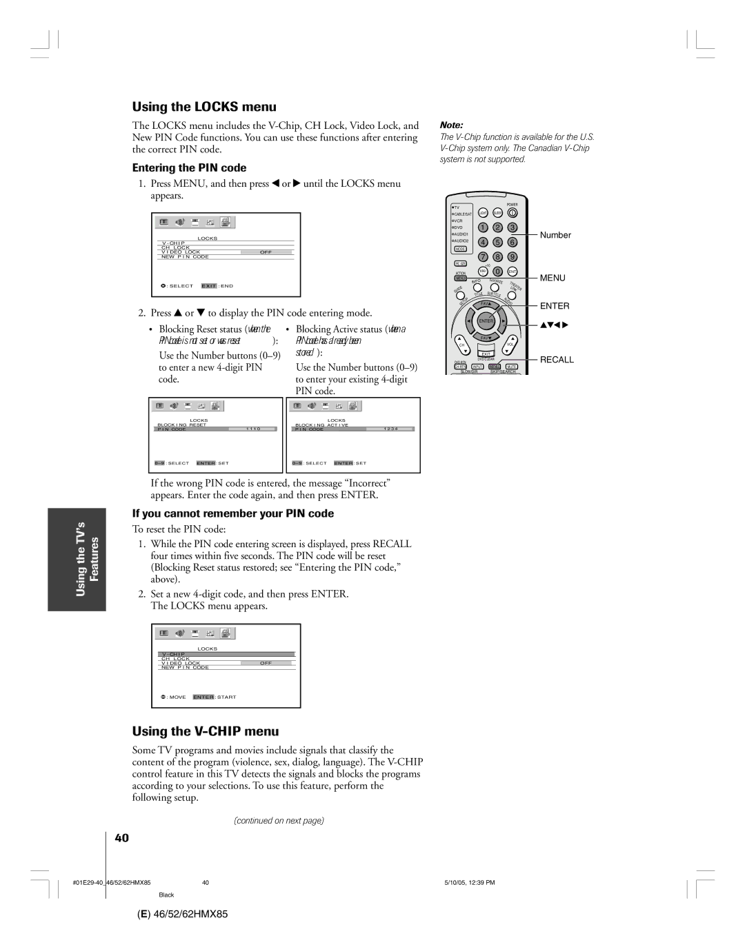 Toshiba 52HMX85 Using the Locks menu, Using the V-CHIP menu, Entering the PIN code, If you cannot remember your PIN code 