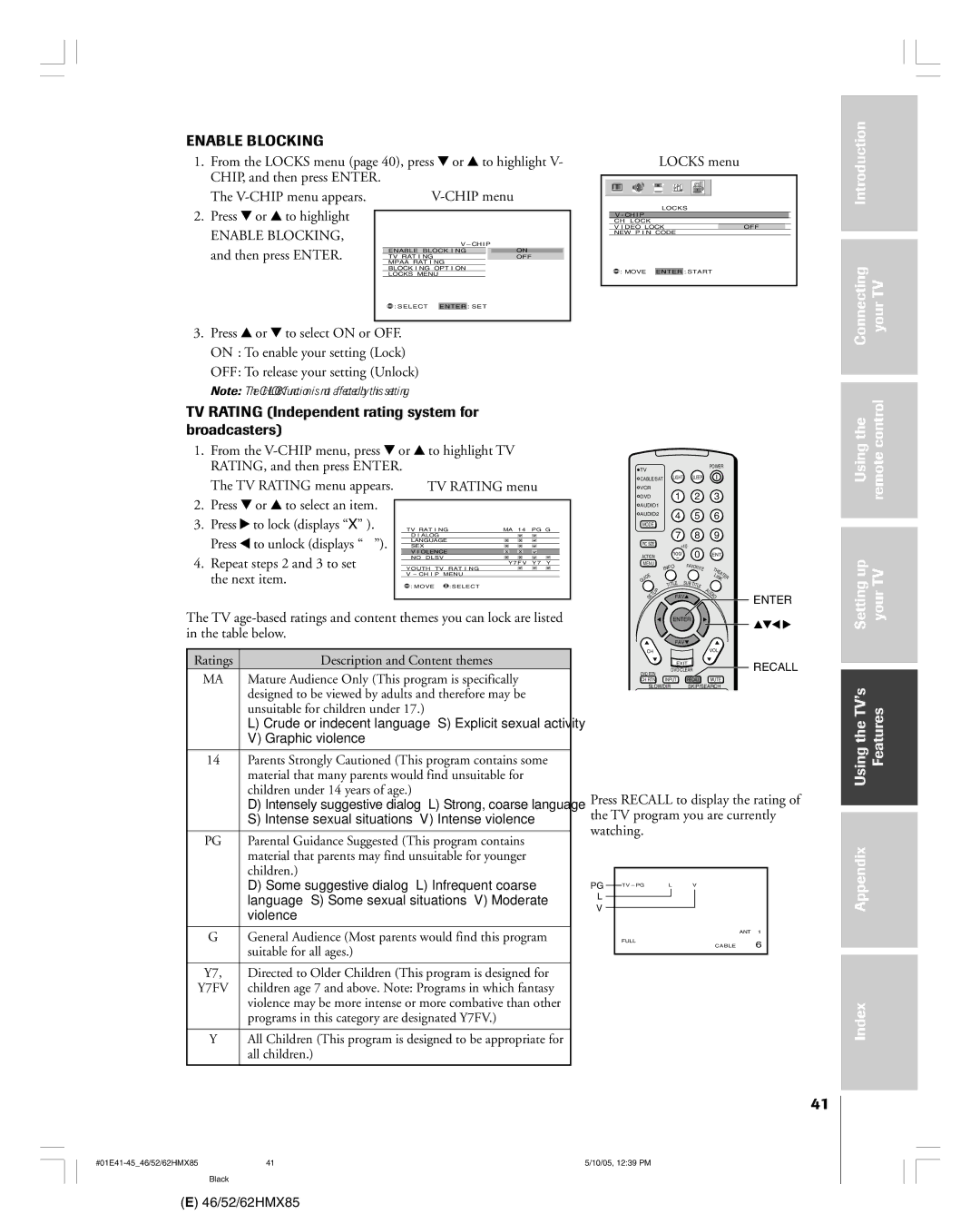 Toshiba 46HMX85, 62HMX85, 52HMX85 owner manual TV Rating Independent rating system for broadcasters, Enable Blocking 