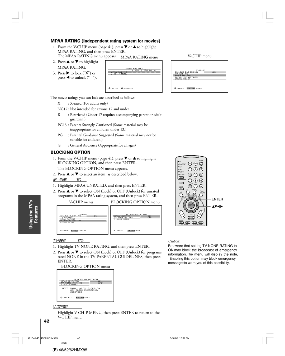 Toshiba 62HMX85, 52HMX85, 46HMX85 owner manual Mpaa Rating Independent rating system for movies 