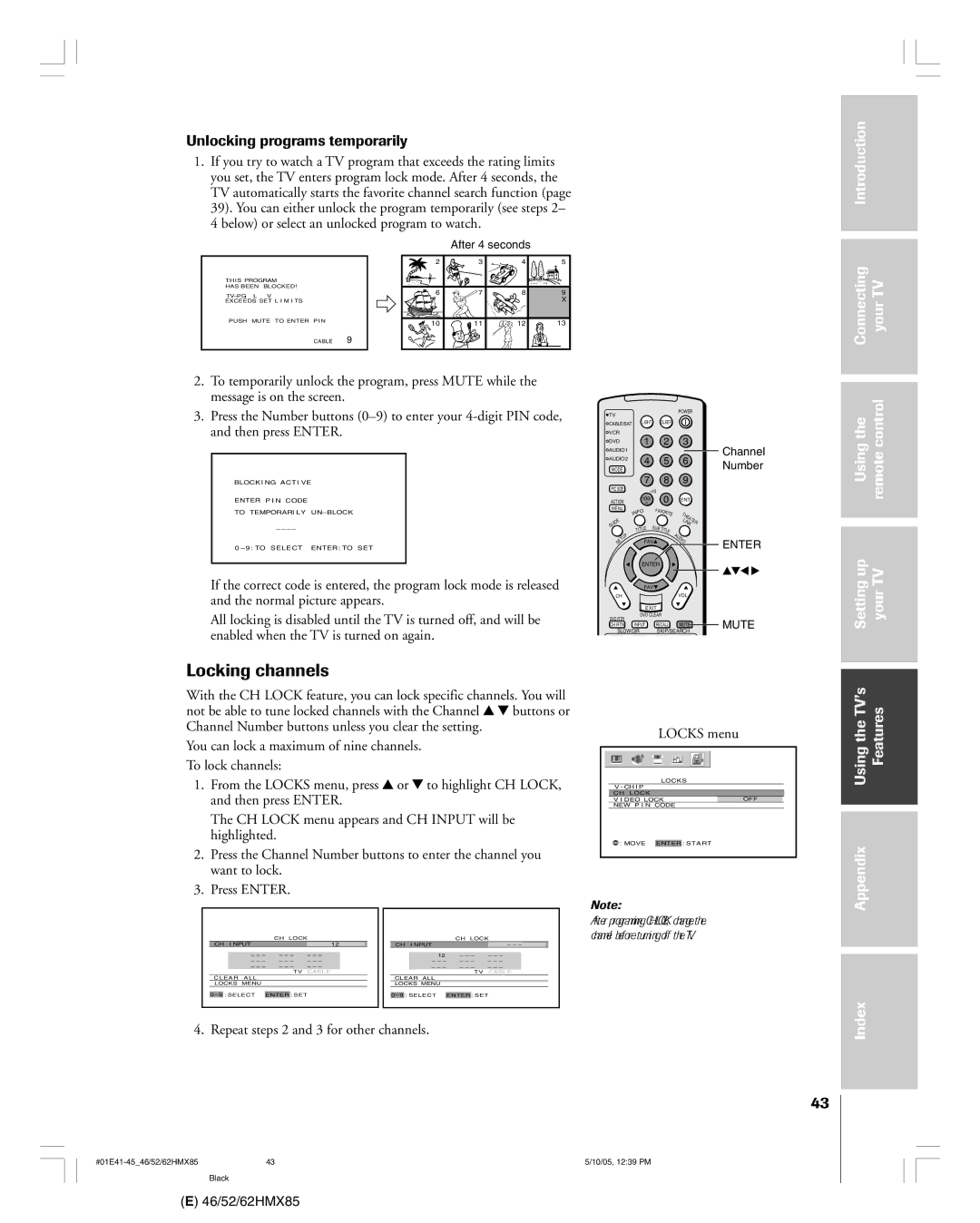 Toshiba 52HMX85, 62HMX85, 46HMX85 Locking channels, Unlocking programs temporarily, UsingtheTVÕs Features Appendix 