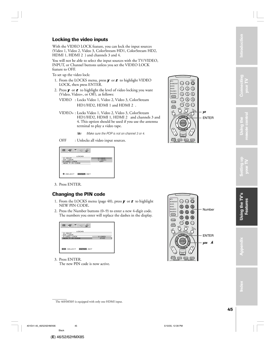 Toshiba 62HMX85, 52HMX85, 46HMX85 owner manual Locking the video inputs, Changing the PIN code, Off, NEW PIN Code 