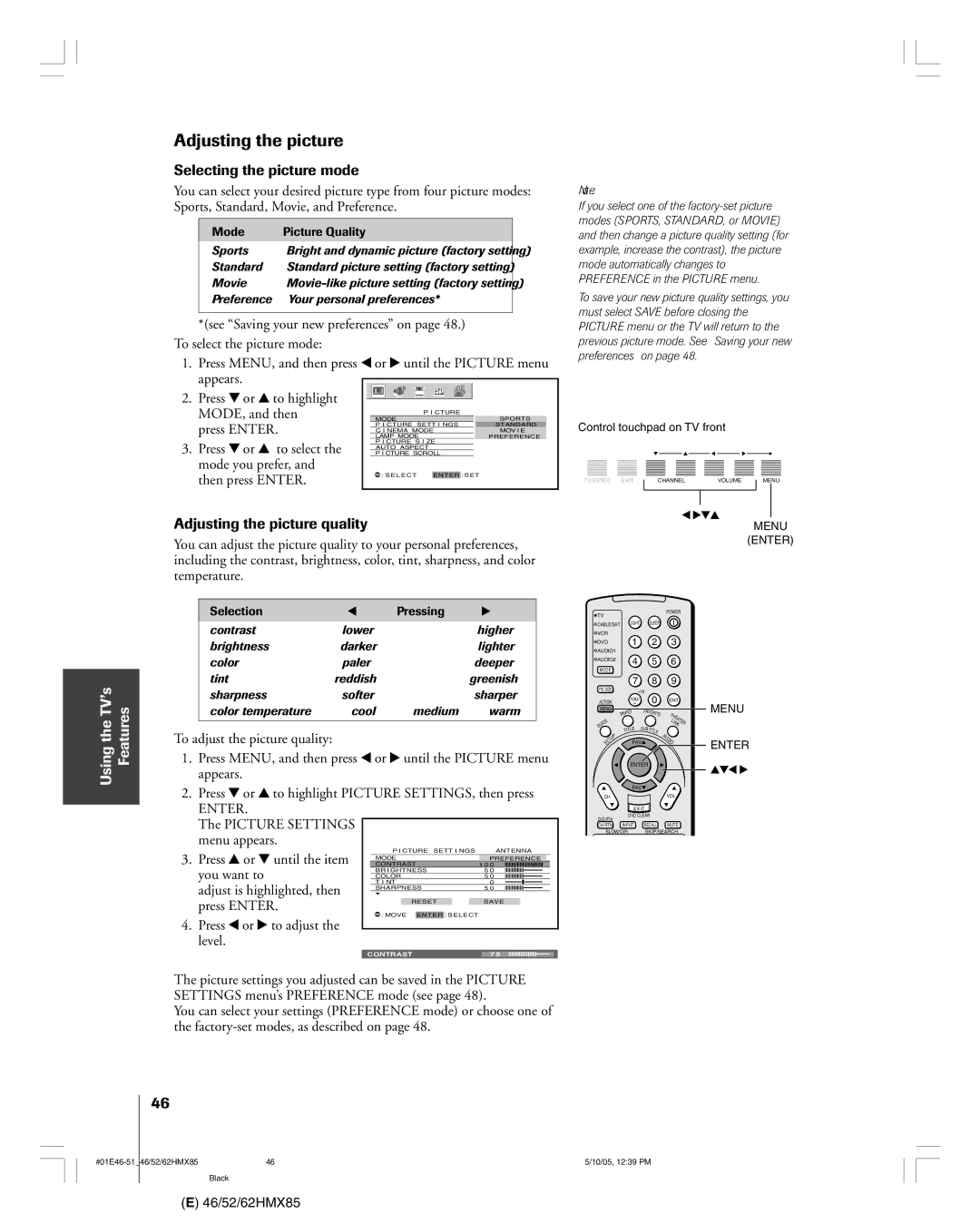 Toshiba 52HMX85, 62HMX85, 46HMX85 owner manual Selecting the picture mode, Adjusting the picture quality 