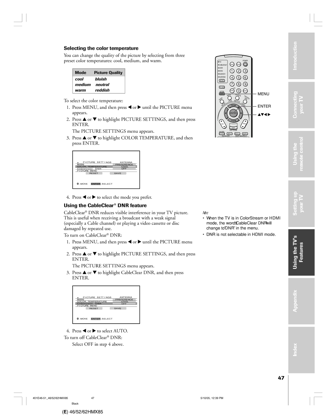 Toshiba 46HMX85, 62HMX85, 52HMX85 Selecting the color temperature, Introduction Connecting YourTV Usingthe Remotecontrol 