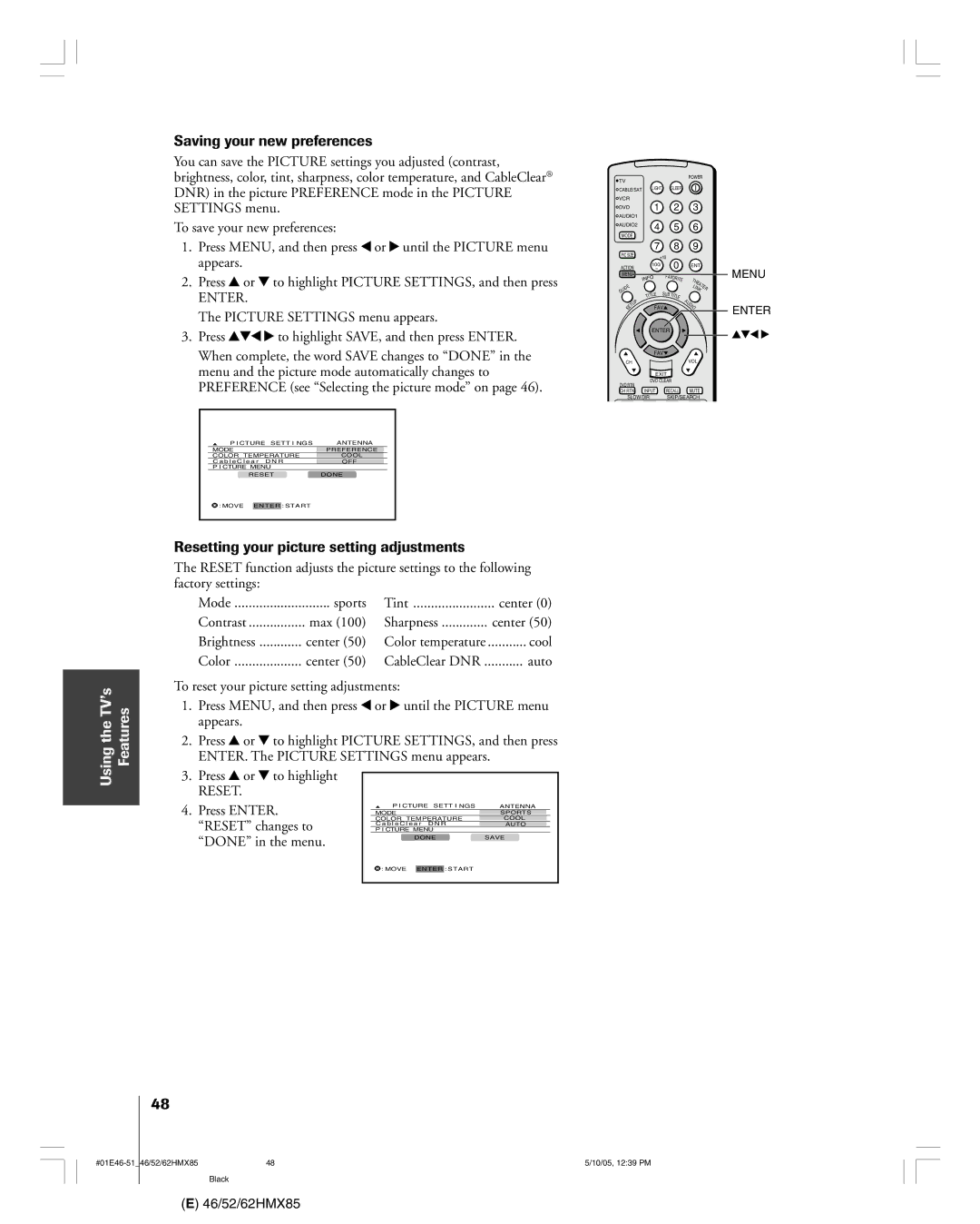 Toshiba 62HMX85, 52HMX85, 46HMX85 owner manual Saving your new preferences, Resetting your picture setting adjustments 