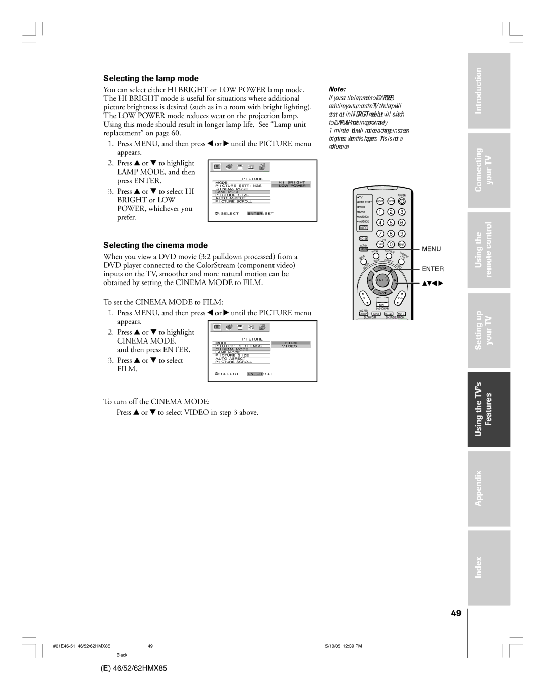 Toshiba 52HMX85, 62HMX85, 46HMX85 owner manual Selecting the lamp mode, Selecting the cinema mode, Cinema Mode, Film 